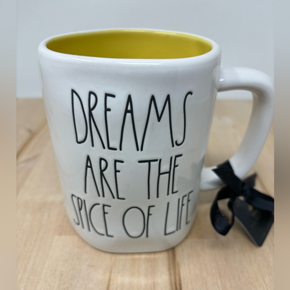 Rae Dunn DREAMS ARE THE SPICE OF LIFE Mug Double Sided Yellow Interior Disney